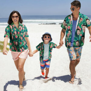 Custom Photo Hawaiian Shirt Parent-Child Wears Personalised Face Hawaiian Shirt Gift Red Flowers  - Thelegend59