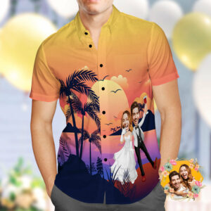 Custom Photo Hawaiian Shirt Personalised Sunset And Coconut Grove Wedding Hawaiian Shirt  - Thelegend59