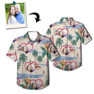 Custom Photo Hawaiian Shirts Couple Love Palm Island Vintage Custom Face Hawaiian Shirts All Over  - Thelegend59