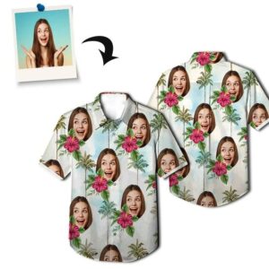 Custom Photo Hawaiian Shirts Hibiscus Palm Tree Summer Custom Face Hawaiian Shirts All Over  - Thelegend59