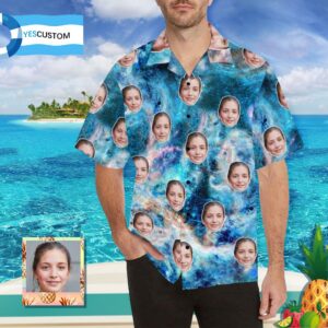 Custom Wife Face Blue Nebula Men'S All Over Print Hawaiian Shirt  - Thelegend59