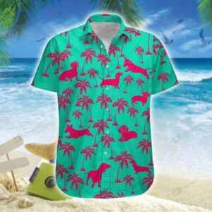 Cute Dachshund Green Pink Unisex Hawaiian Shirts Beach Shorts  - Thelegend59