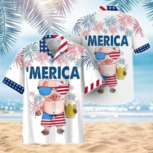 Cute Pig 'Merica Forndependence Day Aloha Hawaiian Shirts  - Thelegend59