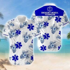 Emergency Medical Technique Navy Hibiscus Flower Unisex Hawaiian Shirts Beach Shorts  - Thelegend59