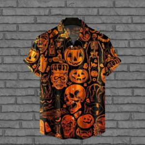 Everydays Halloween Skull Pumpkin Lantern Black Cat Skeleton Black Orange Unisex Hawaiian Shirts  - Thelegend59