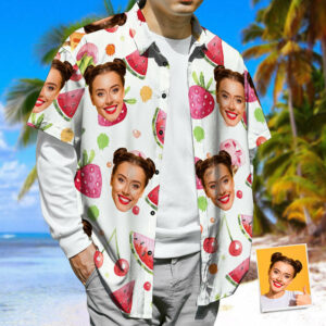 Face Print Hawaiian Shirt Watermelon &Amp; Strawberries &Amp; Cherries Casual Beach Hawaiian Shirts  - Thelegend59