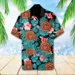 Fathers Day Gift Firefighter Hibiscus Tropical Hawaiian Aloha Hawaiian Shirtss  - Thelegend59