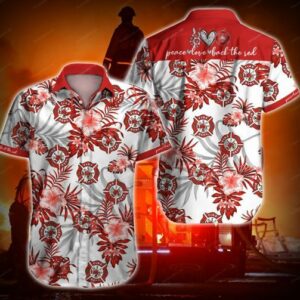 Firefighter Peace Love Hawaiian Graphic Print Short Sleeve  - Thelegend59