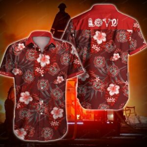 Firefighter Redd Love Red Hawaiian Graphic Print Short Sleeve  - Thelegend59