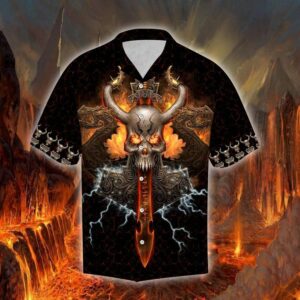 Flame Nordic Viking Warrior Skull Hawaiian Aloha Hawaiian Shirts  - Thelegend59