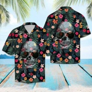 Floral Funny Skull Wearing Sun Glasses Tropical Hawaiian Aloha Hawaiian Shirtss  - Thelegend59