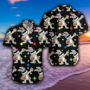 Funny Dabbing Bunny With Egg Happy Easter Black Hawaiian Aloha Hawaiian Shirtss  - Thelegend59