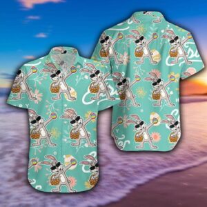 Funny Dabbing Bunny With Egg Happy Easter Green Hawaiian Aloha Hawaiian Shirtss  - Thelegend59