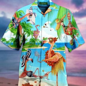 Funny Flamingoes On Beach Tropical Unisex Hawaiian Aloha Hawaiian Shirtss  - Thelegend59