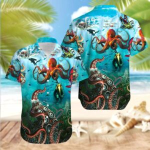 Giant Octopus And Diver Unisex Hawaiian Shirts  - Thelegend59