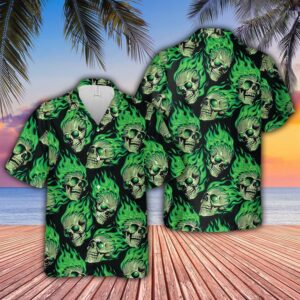 Green Flaming Skull Unisex Hawaiian Shirts  - Thelegend59