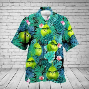 Grinch Tropical Floral Hawaiian Graphic Print Short Sleeve  - Thelegend59