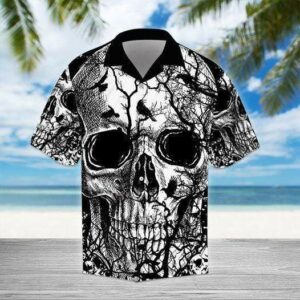 Halloween - Black And White Skull With Bird Hawaiian Shirt  - Thelegend59