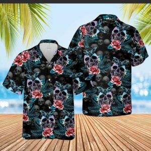 Halloween - Skull Rose And Butterfly Black Aloha Hawaiian Shirts  - Thelegend59