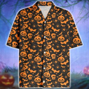 Halloween Orange Skull Bat Pumkin Spider Hawaiian Aloha Hawaiian Shirtss  - Thelegend59