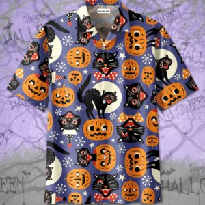 Happy Halloween Hawaiian Aloha Hawaiian Shirtss Cute Pumpkin Face Black Cat Pattern  - Thelegend59