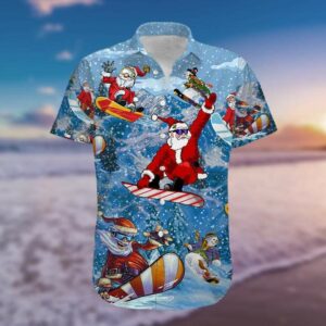 Happy Santa Claus Skateboarding Blue Red Hawaiian Aloha Hawaiian Shirtss  - Thelegend59