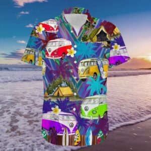 Happy Summer Light Neon Camper Van Hawaiian Unisex Aloha Hawaiian Shirtss  - Thelegend59