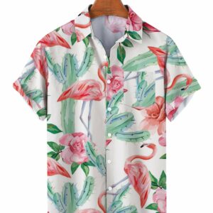 Hawaii Flamingo Casual Men'S Large Short Sleeve Hawaiian Shirts  - Thelegend59