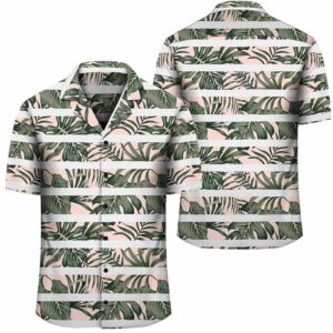 Hawaii Tropical Dark Green Leaves Seamless Pattern White Stripes Pink Background Hawaiian Shirt  - Thelegend59