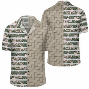 Hawaii Tropical Dark Green Leaves Seamless Pattern White Stripes Pink Background Lauhala Moiety Hawaiian Shirt  - Thelegend59