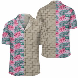 Hawaii Tropical Flowers Palm Leaves Hibiscus Strips Lauhala Moiety Hawaiian Shirt  - Thelegend59