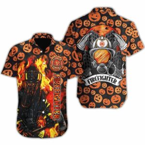 Hawaiian Aloha Hawaiian Shirts Firefighter Pumpkin Halloween  - Thelegend59