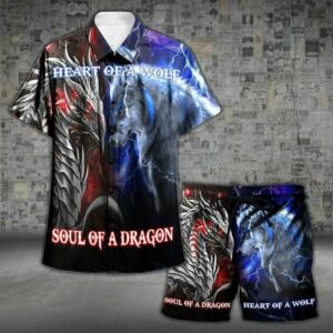 Hawaiian Aloha Hawaiian Shirtss Beach Shorts Heart Of Wolf Soul Of Dragon  - Thelegend59