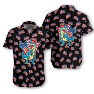 Hawaiian Aloha Hawaiian Shirtss American Flag T-Rex  - Thelegend59