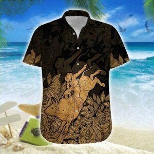 Hawaiian Aloha Hawaiian Shirtss Bull Riding Brown Art  - Thelegend59