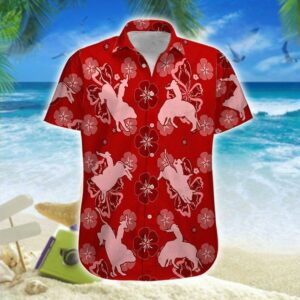 Hawaiian Aloha Hawaiian Shirtss Bull Riding Red Flowers  - Thelegend59