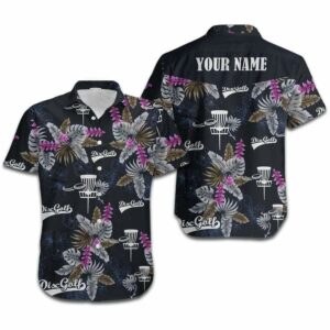 Hawaiian Aloha Hawaiian Shirtss Disc Golf Floral On Black Backgound Custom Name  - Thelegend59