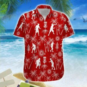 Hawaiian Aloha Hawaiian Shirtss Disc Golf Red Coconut Tree  - Thelegend59