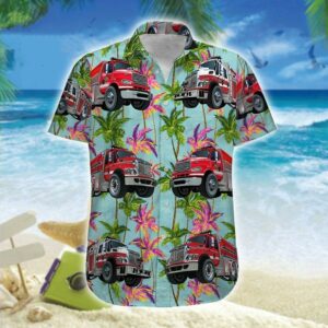 Hawaiian Aloha Hawaiian Shirtss Fire Truck Firefighter Colorful Palm Trees  - Thelegend59
