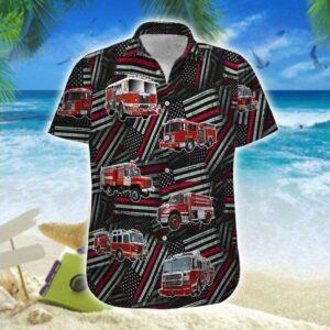 Hawaiian Aloha Hawaiian Shirtss Fire Truck Firefighter Flag Pattern  - Thelegend59