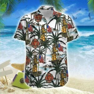 Hawaiian Aloha Hawaiian Shirtss Firefighter Man Palm Tree  - Thelegend59