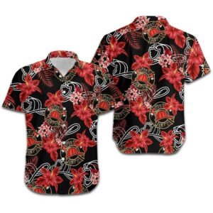 Hawaiian Aloha Hawaiian Shirtss Firefighter Tropical Red Hibiscus Flowers  - Thelegend59