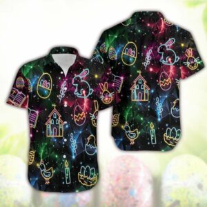 Hawaiian Aloha Hawaiian Shirtss Happ Easter Day Neon Light Bunny  - Thelegend59