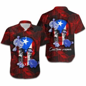 Hawaiian Aloha Hawaiian Shirtss Puerto Rico Skull Red Lily Flower Custom Name  - Thelegend59