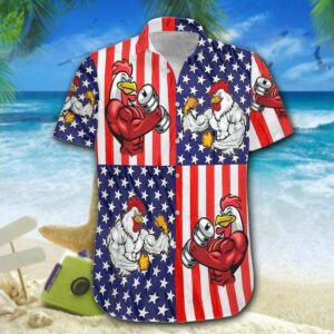Hawaiian Aloha Hawaiian Shirtss Rooster Fight American Flag  - Thelegend59