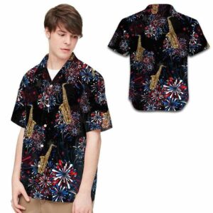 Hawaiian Aloha Hawaiian Shirtss Saxophone Independence Day Fireworks  - Thelegend59