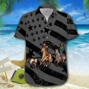 Hawaiian Aloha Hawaiian Shirtss Team Roping Flag Black  - Thelegend59