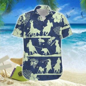Hawaiian Aloha Hawaiian Shirtss Team Roping Navy Hibiscus  - Thelegend59