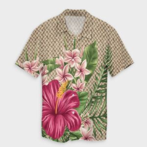 Hawaiian Hibiscus Plumeria Palm Leaves Lauhala Background Hawaiian Shirt  - Thelegend59