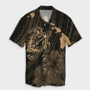 Hawaiian Hibiscus Sea Turtle Swim Hawaiian Shirt - Gold  - Thelegend59